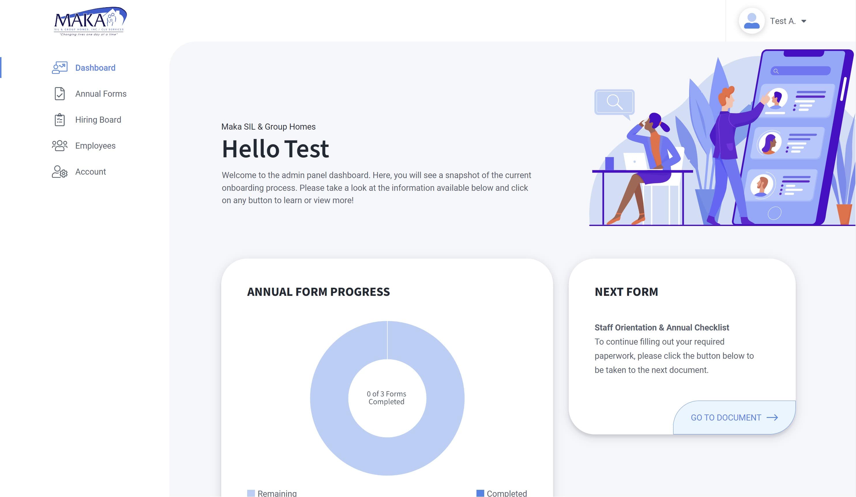 Screenshot of the admin dashboard in Maka's employee portal.